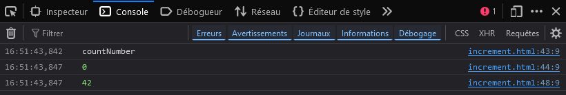 "countNumber", 0 et 42 affichés dans la console