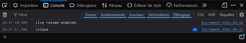 "clique" affiché 7 fois dans la console