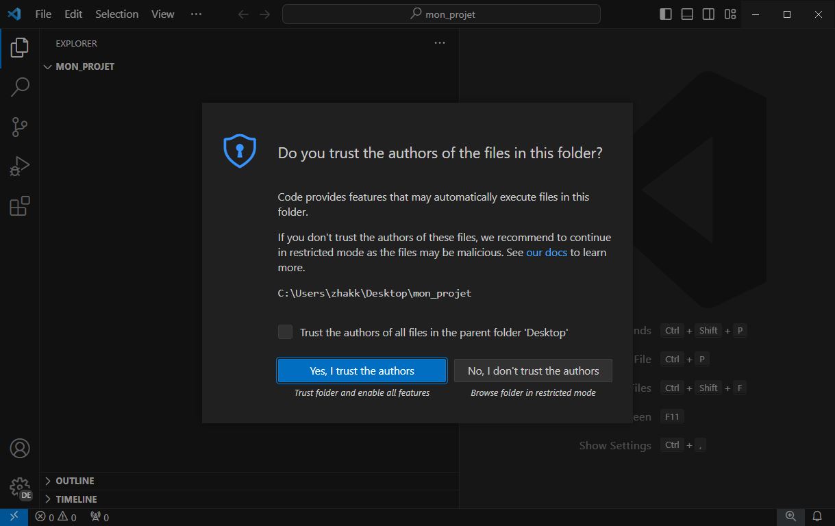 message VSCode "Do you trust the authors of the files in this folder?"